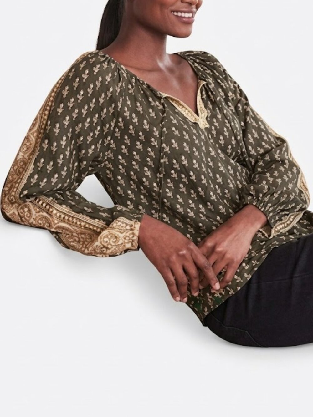 Soft Surroundings Olive Green Paisley Jolene Peasant Blouse Top Small M